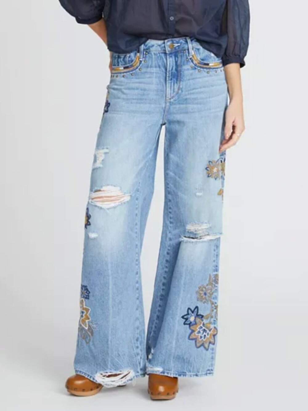 Embroidered Driftwood Jeans - Marlena Copper Magnolia Wide Leg Jeans